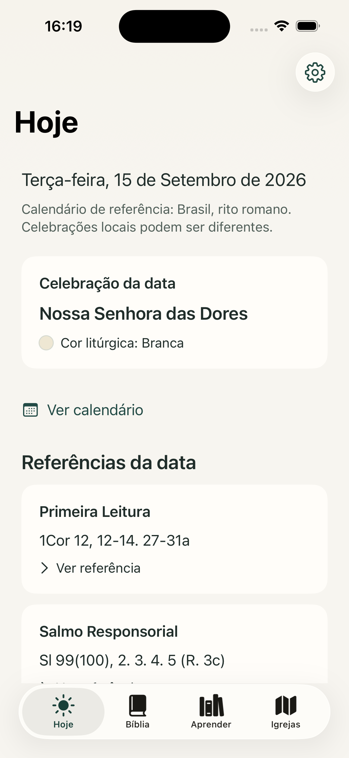 Captura real da aba Hoje: celebração de Nossa Senhora das Dores em 15 de setembro de 2026, leituras do dia e navegação Hoje, Bíblia, Aprender e Igrejas.